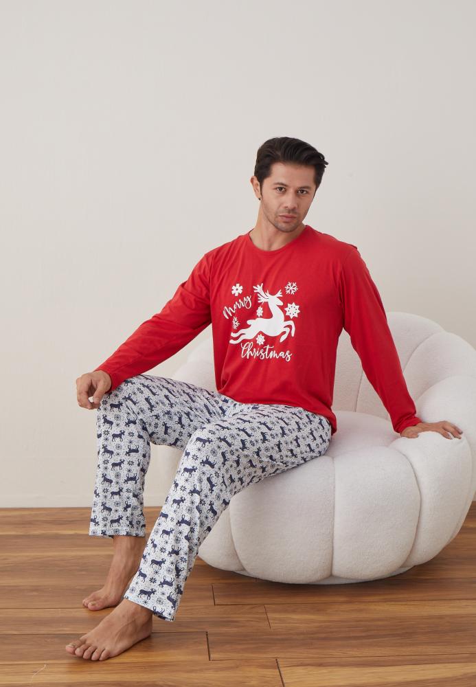 Pijama barbati Craciun "Chrystmas Merry" , maneca lunga ,pantaloni lungi,Culoare Rosu ,Engros